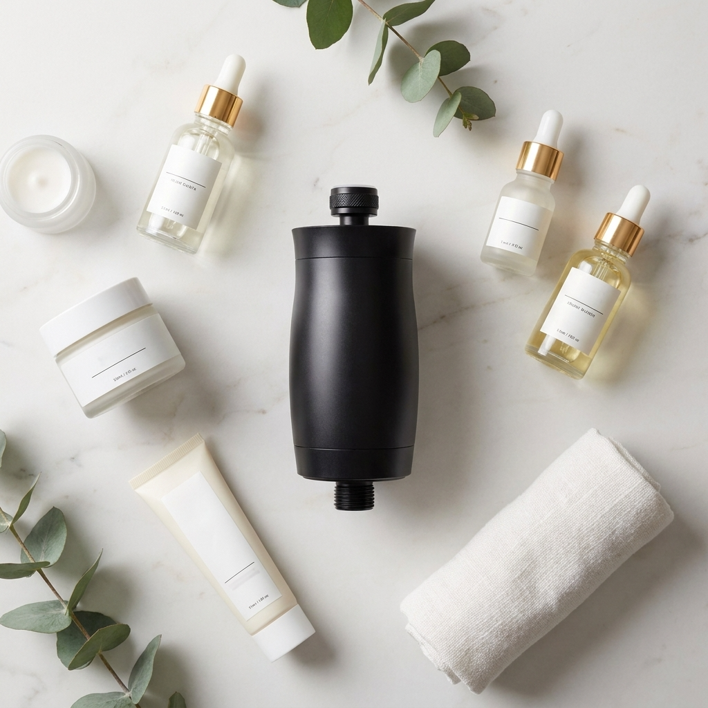 Vellise shower filter alongside skincare products - the missing step in your routine