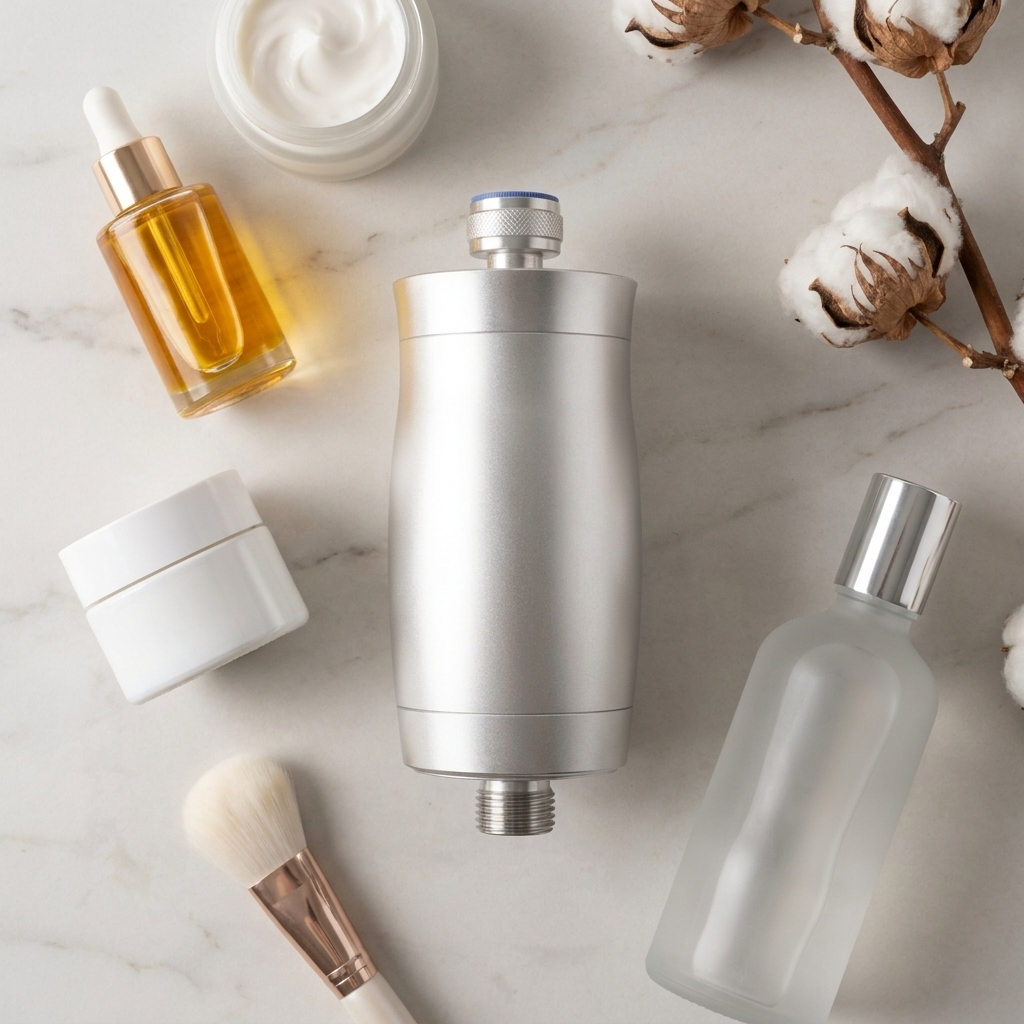 Vellise shower filter alongside skincare products - the missing step in your routine