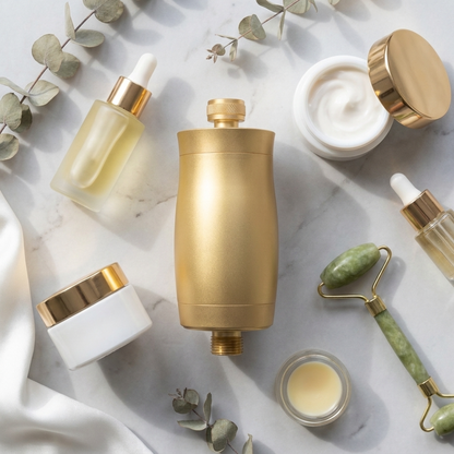 Vellise shower filter alongside skincare products - the missing step in your routine